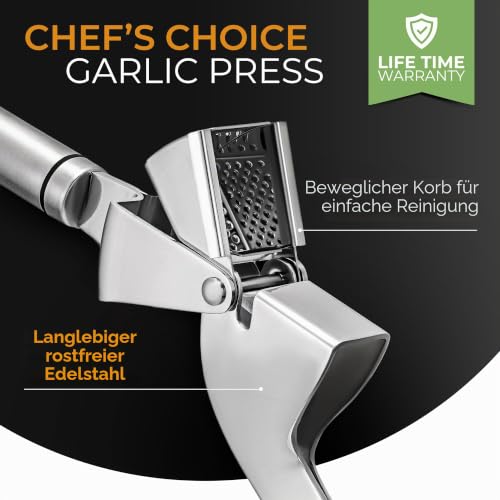 Foto von ORBLUE Knoblauchpresse Edelstahl – Premium Knoblauchpresse & Knoblauchreibe aus Edelstahl – Garlic Press mit Silikon-Schäler & Bürste, Robust & Spülmaschinenfest