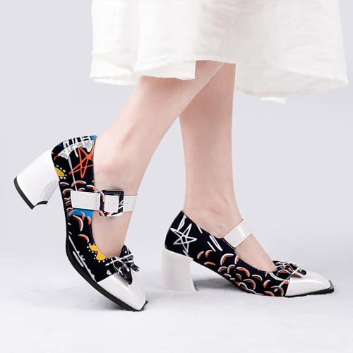 Women's Bow Block High Heel Mary Janes Shoes Buckle Strap Square Toe Pumps2