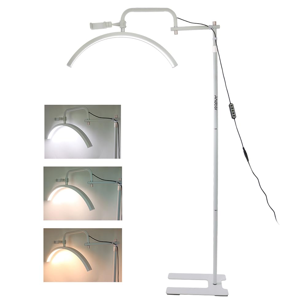 Andoer Lámpara de Escritorio de Media Luna, Luz de Video LED 3200K-5600K Regulable Luz de Piso LED con Soporte de Luz, Soporte para Teléfono Control Remoto para Salón de Belleza Maquillaje fotografía