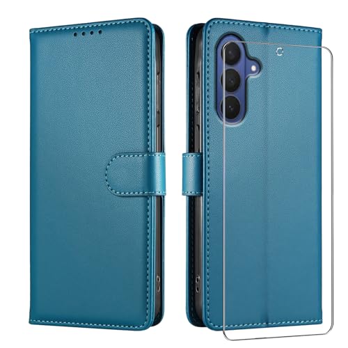 JUNETOP Funda para Samsung Galaxy A57 5G con Protector de Pantalla, Carcasa Libro con Tapa Piel Cuero PU de Calidad [Protección Bloqueo RFID]   Azul Turquesa
