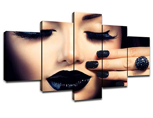 Beauty Fashion Girl With Black Makeup Canvas Art Wall Picture For Salon Decor Women Black Manicure Nail Art Poster Painting Framed Artwork Home Decorations Ready To Hang(60''Wx32''H) #TOP2