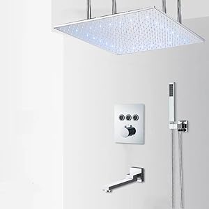 Shower Sets for Bathroom Chrome LED Thermostatic Top Rain Shower Faucet Waterfall Shower System Button Control Thermostatic Mixer Tap Bath Shower Tap 3-Way 20inch B