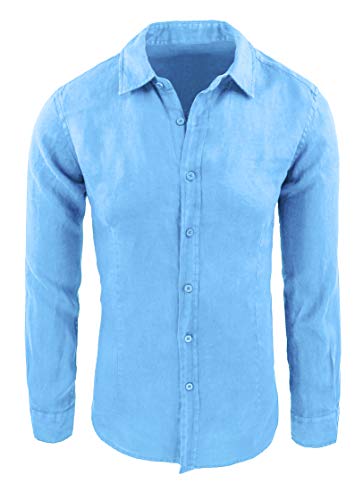 Evoga Camicia Uomo in Lino Sartoriale Casual Elegante Estiva Slim Fit (XL, Celeste)