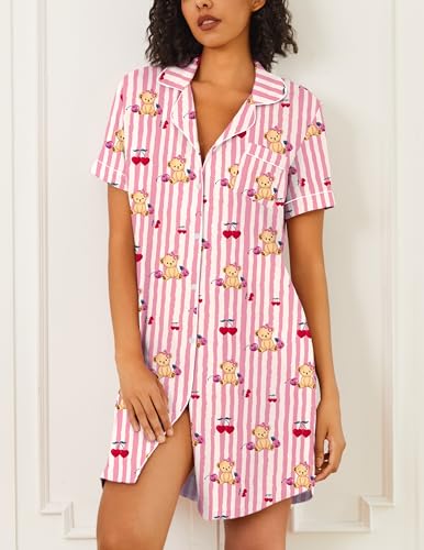 Image of Ekouaer Nightgowns for Women 2 Pack Button Down Sleepwear Short Sleeve Sleepshirts Soft Nightshirts Boyfriend Pajama Dress