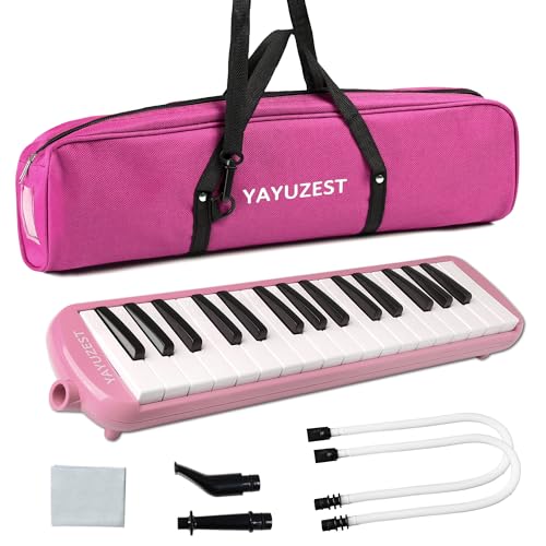 YAYUZEST 32 Keys Melodica Instrument, Soprano Melodica Air Piano Keyboard Pianica with 2 Soft Long Tubes, 2 Short Mouthpieces and Carrying Bag (Pink)