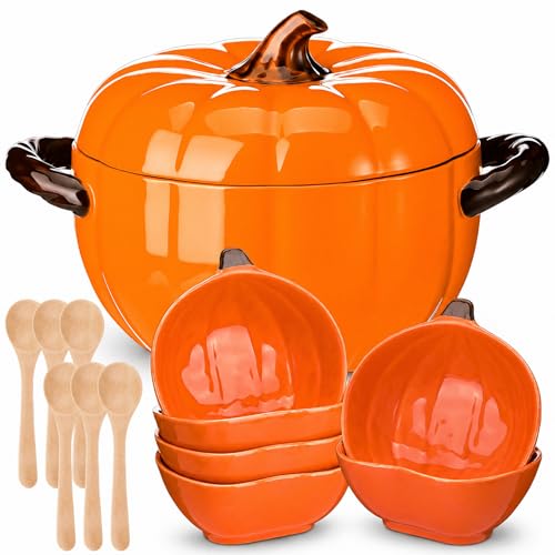 Qinyoung Pumpkin Ceramic Pot with Lid 54 oz with 6 Set Pumpkin Ramekins and Wooden Spoons Fall Serving Bowl for Soup Cooking Thanksgiving Dinnerware Set for Halloween Party Kitchen Dessert Decoration