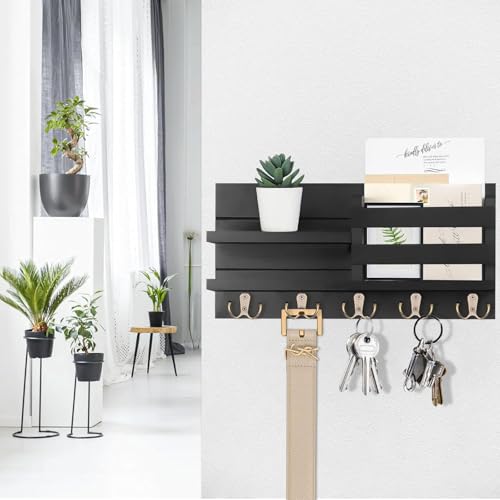 Image of Wooden Wall Mounted Key Holder with Hooks and Organizer Shelf Wall Rack for Letters Wallets and Accessories Home and Office Wall (Black, Elegant Mail Organizer)