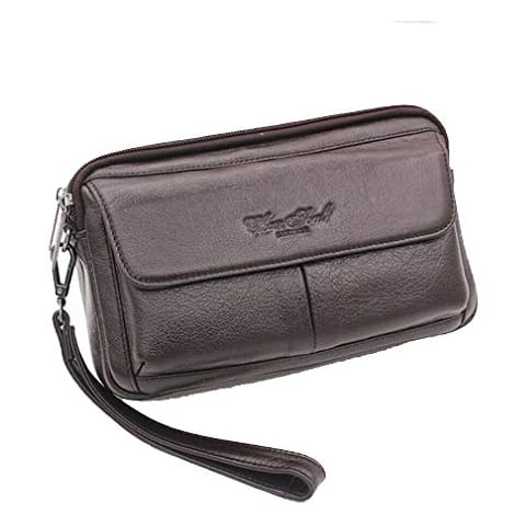Leather Clutch Bag Wrist Purse for Men Women Travel Outdoor Business Organizer Wristlet Strap Pouch Coin Money Wallet Handbag Multi-Purpose Cell Phone Holder Daypack Coffee Cover