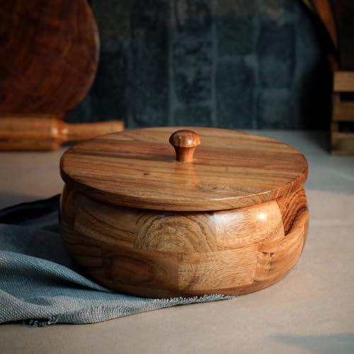 Image of Sanjeev Kapoor By OGGN Acacia Wood 9 x 9 x 4 Inch, Casserole for Roti Hot Case | Wooden Roti Box | Hot Case Casserole | Big Chapati Storage Box for Home & Kitchen - Premium Wood Elegant Design