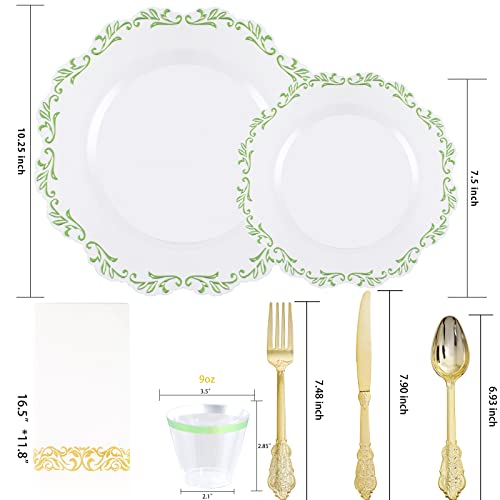 PULOTE 175PCS Green Plastic Plates - Clear Plastic with Green Rim Disposable - Include 25 Each (Dinner & Dessert) Plates, 75 Cutlery, 25 Cups, 25 Napkins, Idea for Wedding&Party — view 2