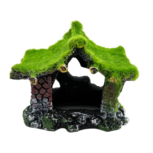 Aquarium Decoration House Resin Hollow Hideout House, Betta Fish Hide Accessories Cave Ornament Tank Small Fish Hideaway with Moss