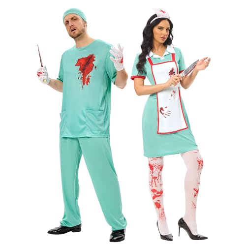 HPMNS Couples Halloween Costumes - Halloween Bloody Doctor Adult Nurse Costumes Matching Couples Halloween Costumes