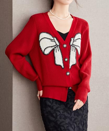 LAI MENG FIVE CATS Women's V-Neck Sweaters Long Sleeve Button Knit Tops Casual Blouse4