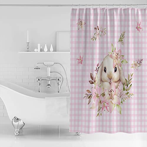 Easter Chic Waterproof Polyester Fabric Shower Curtain, Cute Rabbit Lily Pink Plaid Watecolor Machine Washable Shower Curtains For Bathroom Decor Set With Hooks No Liner,72" W X 84" H #TOP1