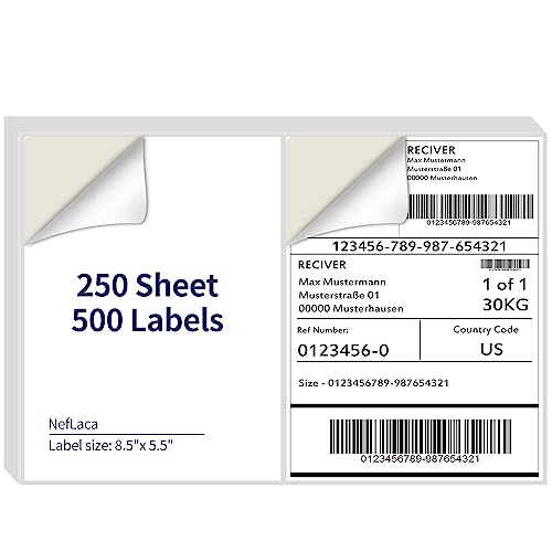 Image of 8.5 inch x 5.5 inch Half Page Self Adhesive Shipping Label, Compatible Laser & Inkjet Printers, White, 2 Labels Per Sheet(250 Sheet Total 500 Labels)