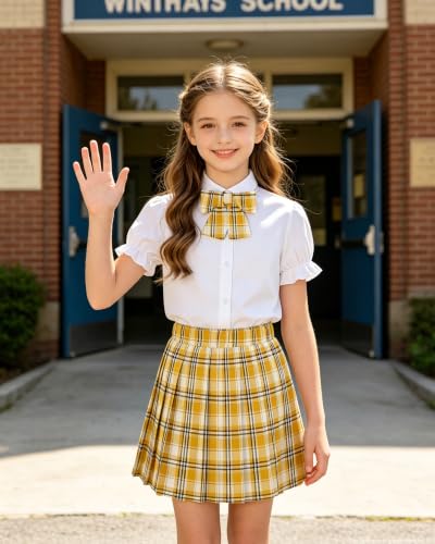 Image of Betusline Girls Skirt Set JK School Uniform 2-Piece Outfit - Short Sleeve Shirt with Bow & Pleated Skirt 4T-14Y