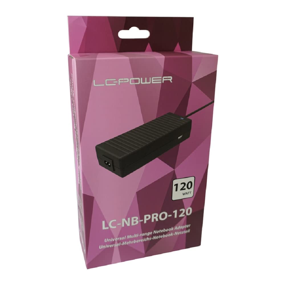 LC-POWER LC-NB-PRO-120 | Chargeur Notebook Universel 120 W | 10 Embouts Interchangeables, Multi-Range 18,5 à 20 V | Rendement jusqu'à 89%, Rallonge 150 cm Incluse