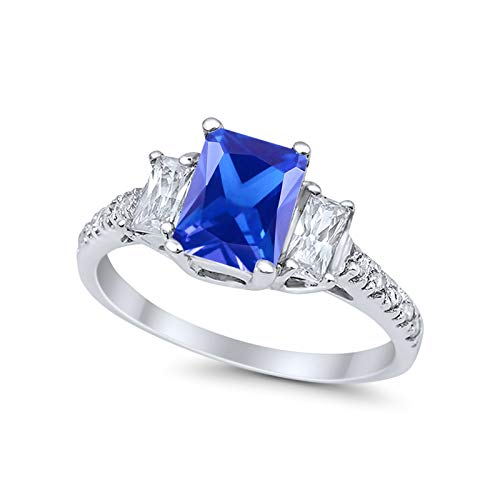 Blue Apple Co. Emerald Cut Three Stone Wedding Engagement Ring Round Cubic Zirconia 925 Sterling Silver4