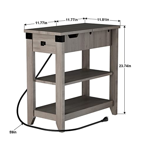 Narrow End Table With Charging Station, Flip Top Side Table With Usb Ports And Outlets, Farmhouse Nightstand With Storage For Small Spaces, Bedside Table For Living Room, Bedroom, Gray #TOP2