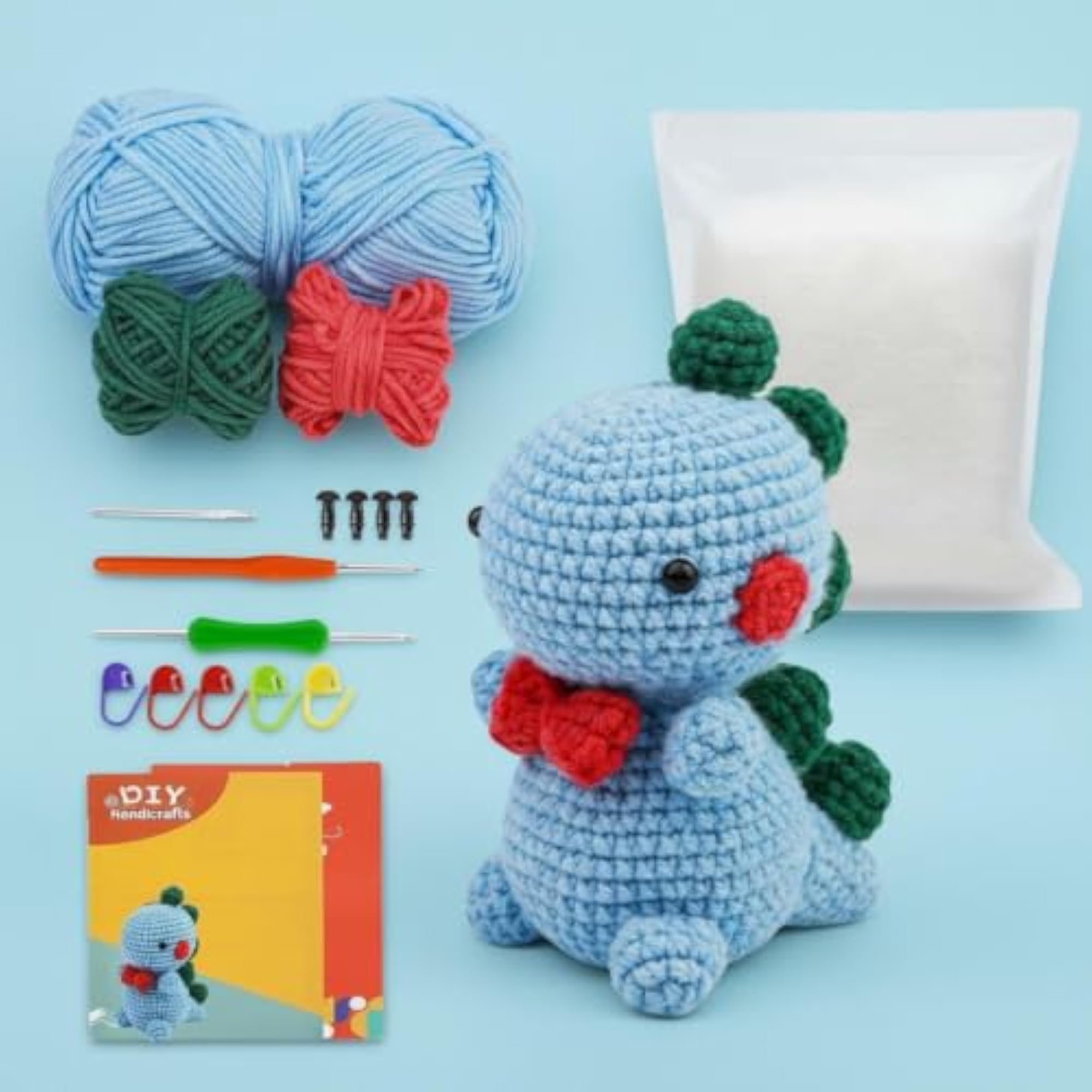 High-Quality Yarn Dinosaur Crochet Kit with Tutorial for Beginners, Blue