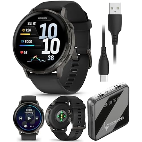 Garmin Venu 4 45mm AMOLED Advanced Health & Fitness GPS Smartwatch, Bright & Colorful Display, Built-in Flashlight, Up to 12 Days, Slate with Black Silicone Band w/Wearable4U PowerBank Bundle