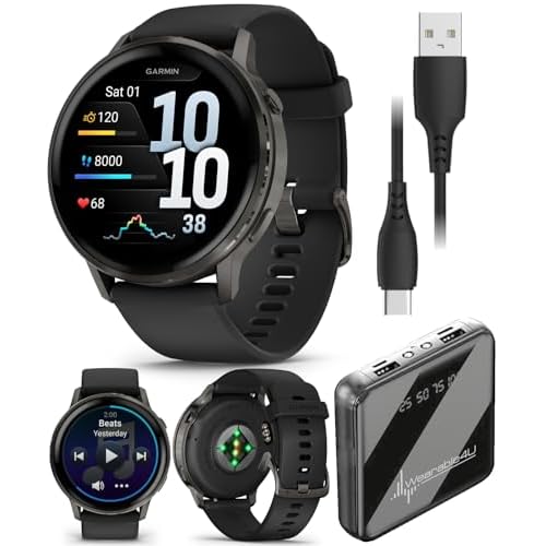 Garmin Venu 4 45mm AMOLED Advanced Health & Fitness GPS Smartwatch, Bright & Colorful Display, Built-in Flashlight, Up to 12 Days, Slate with Black Silicone Band w/Wearable4U PowerBank Bundle