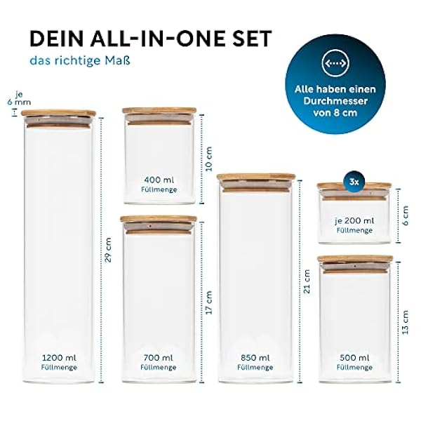 CLIDOR ® Juego de 8 tarros de cristal de 3 mm de grosor, herméticos, con tapa de bambú, apilables