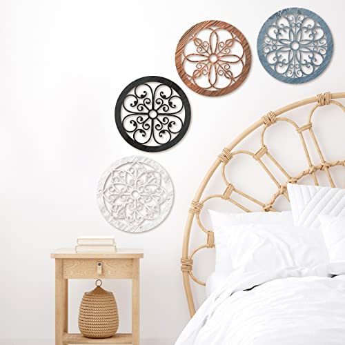 Yulejo 4 Pieces Thicken Rustic Wall Decor Farmhouse Wall Art Decor Wooden Hollow Carved Design Rustic Round Wall Art For Living Room Bedroom Hallway Decor Office Kitchen Wall Decoration (Colorful) #TOP2