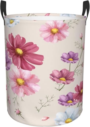 ランドリーバスケット大容量 洗濯かご 防水 手描きのコスモスの花模様 折りたたみ 収納ランドリーボックス 雑貨 おもちゃ収納バッグ 寝室、洗濯室、 キャラクター かわいい 円型 M