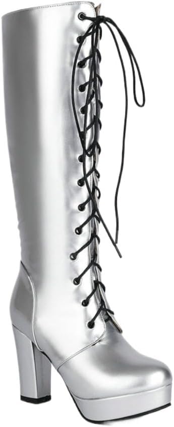 Hunters Shoes for Women Knee High Lace Up White Cowgirl Riding Boots, Tall Platform Chunky Heel Party Shoes Halloween Cosplay Costume for Girls