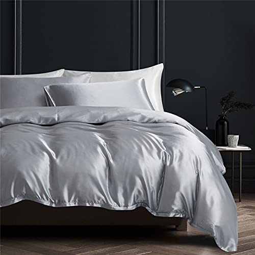 Gezu - Juego de funda nórdica de satén de seda, 140 x 200 cm, color gris claro liso, sedoso brillante, suave, juego de cama para 1 persona con 1 funda de almohada de 65 x 65 cm con cremallera