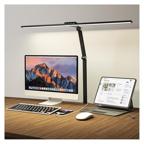 HUMIIEYE LED Desk Lamp for Home Office, 24W Eye-Caring Reading Light with Clamp, USB Charging Port, 7 Brightness 5 Color Mode, Memory Function, Auto-Off Timer, Swing Arm Architect Table Lamp for Study
