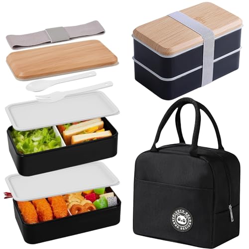 Ruucy Lunch Box Kit, 1400ml Porta Pranzo a 2 Strati, Bento Box Ermetico + Borsa Termica, Schiscetta Pranzo per Ufficio Scuola Adulto Bambini, Contenitore Pranzo Microonde (Nero)
