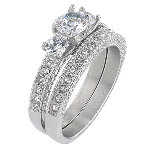 Flamereflection Wedding Ring Set Round Shape Cubic Zirconia Stainless Steel Women 3 Stones Size 6 #TOP2