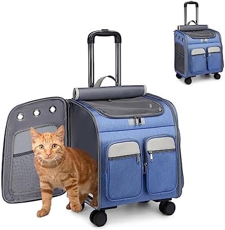 Rolling Large Cat Carrier for Large Cats with on Wheels, Rolling Pet Carrier with Wheels,Small Dog Collapsible Backpack Pet Car Travel Bag,Pet Travel Carrier for Traveling/Vet Appointment(Blue)