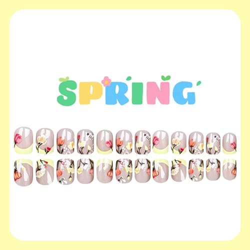 Image of Flower Press on Nails Yellow French Tip Fake Nails Short Square False Nail Press ons with Floral Plant Design Glossy Full Cover Stick on Nail for Women Manicure 24Pcs