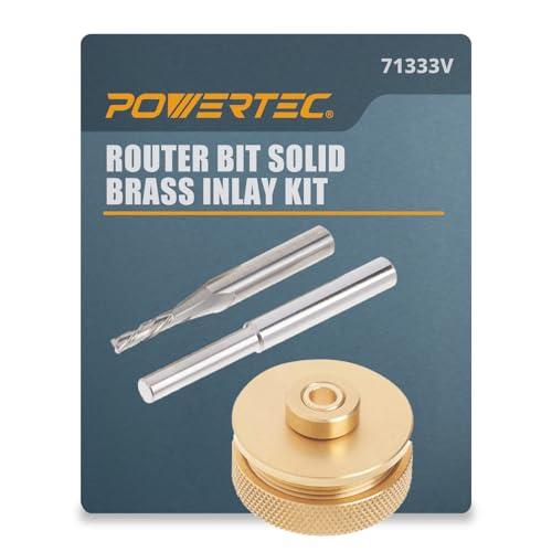 POWERTEC Solid Brass Inlay Kit with 1/8" Downcut Spiral Router Bit 1/4" Shank, Router Bushing Guide, Collar, and Centering Pin - Compatible w/ 1/4" Templates for Woodworking by POWERTEC - Used condition - US$12.18