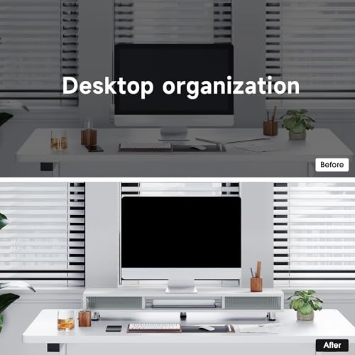 Image of Fenge Dual Monitor Stand, 42.5inch Long Monitor Stands Riser for 2 Monitors, Glass Sliding Door with Storage Organizer Stand for Desk, 2 Tier Desk Shelf for Laptop, Pc, Printer, Computer, TV