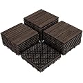 Topeakmart 27PCS Wood Flooring Tiles Interlocking Patio Pavers Deck Tiles Blocks Indoor Outdoor Solid Wood 12 x 12in