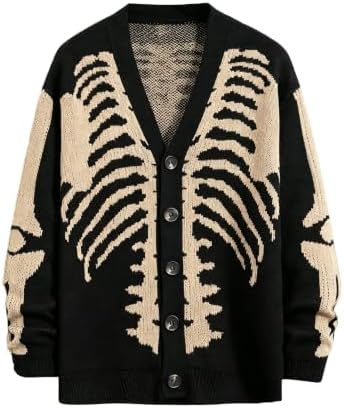 SHENHE Men's Skeleton Pattern Cardigan Long Sleeve Unisex Knitted Sweaters