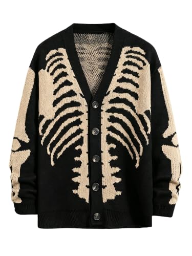 SHENHE Men's Skeleton Pattern Cardigan Long Sleeve Unisex Knitted Sweaters