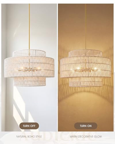 Image of 24 inch Large Boho Rattan Chandelier, 3-Tier White Hand-Woven Shade | 6-Light Gold Dining Room Light Fixture, Pendant Lights for Living Room Bedroom, Adjustable Height, AD-25050-6P-WH