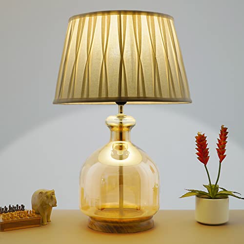 Image of Alper Mini Amber Luster Glass Table Lamp with White Cotton Shade | Modern Designer Bedside & Living Room Decorative Table Light (Bulb Included)