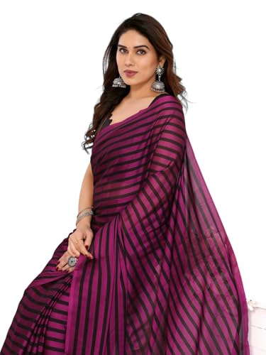 Image of RAJESHWAR FASHION WITH RF Readymade Pleated Pre Drape Stitched Woven Striped Blackberry Silk Sarees For Women With Blouse(Ready To Wear One Minute)