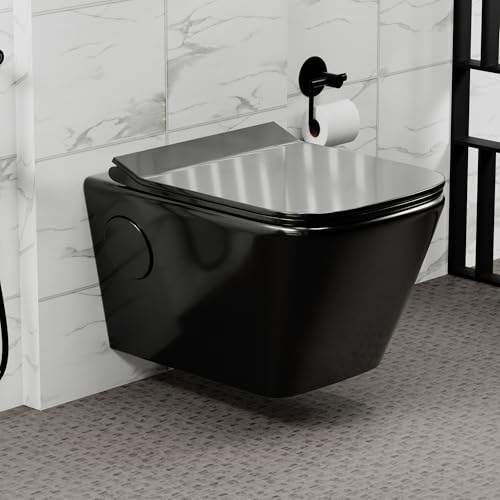 Image of InArt Ceramic Wall Hung Rimless Western Toilet Commode with Soft Close Seat for Bathroom - P Trap Outlet from Wall (Black Glossy)