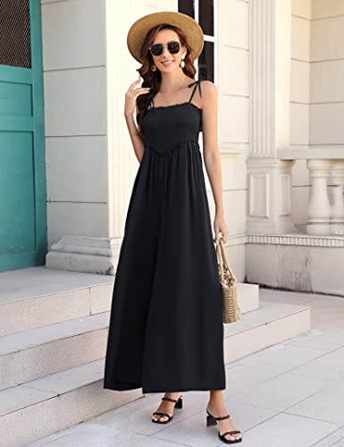 Kojooin Women's Smocked Sleeveless Jumpsuits Summer Casual Spaghetti Strap Square Neck Wide Leg Rompers With Pockets Black Xxl #TOP4