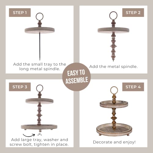 Festwind Two Tiered Tray Beaded- Decorative Beaded Kitchen Island Decor - Small Wooden Tiered Tray Stand For Holidays - Lovely Farmhouse Gift Rustic Brown #TOP5