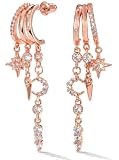 MUMREUES Boucles d'Oreilles Cercles pour Femme Plaqué Or Rose 14K Boucles d'Oreilles Chaîne avec Franges en Zircon Minimalist Pendentif étoile et lune Boucles d Oreilles pour Femmes Cadeau pour Elle​