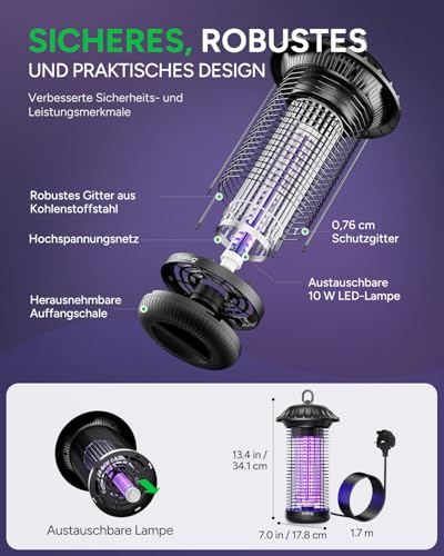 Buzbug LED Insektenvernichter elektrisch innen & außen, bis zu 50.000 Std., Dual-Band-Anziehung, 1,7 m Netzkabel, Hochspannung Fliegenfalle elektrisch & Mückenlampe, Insektenlampe, MO-008C
