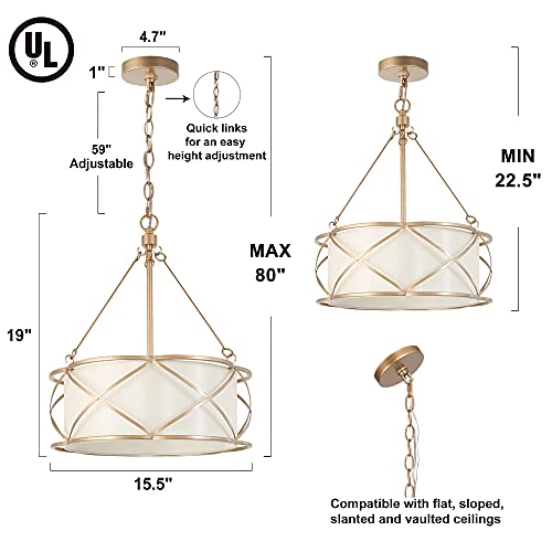 Durent Lighting Modern Gold Chandelier, 3-Light Drum Large Pendant Lighting Fixture With Fabric Shade, Cage Hanging Farmhouse Chandelier For Dining&Living Room, Bedroom, Kitchen, Foyer, Dia 15.7 #TOP1